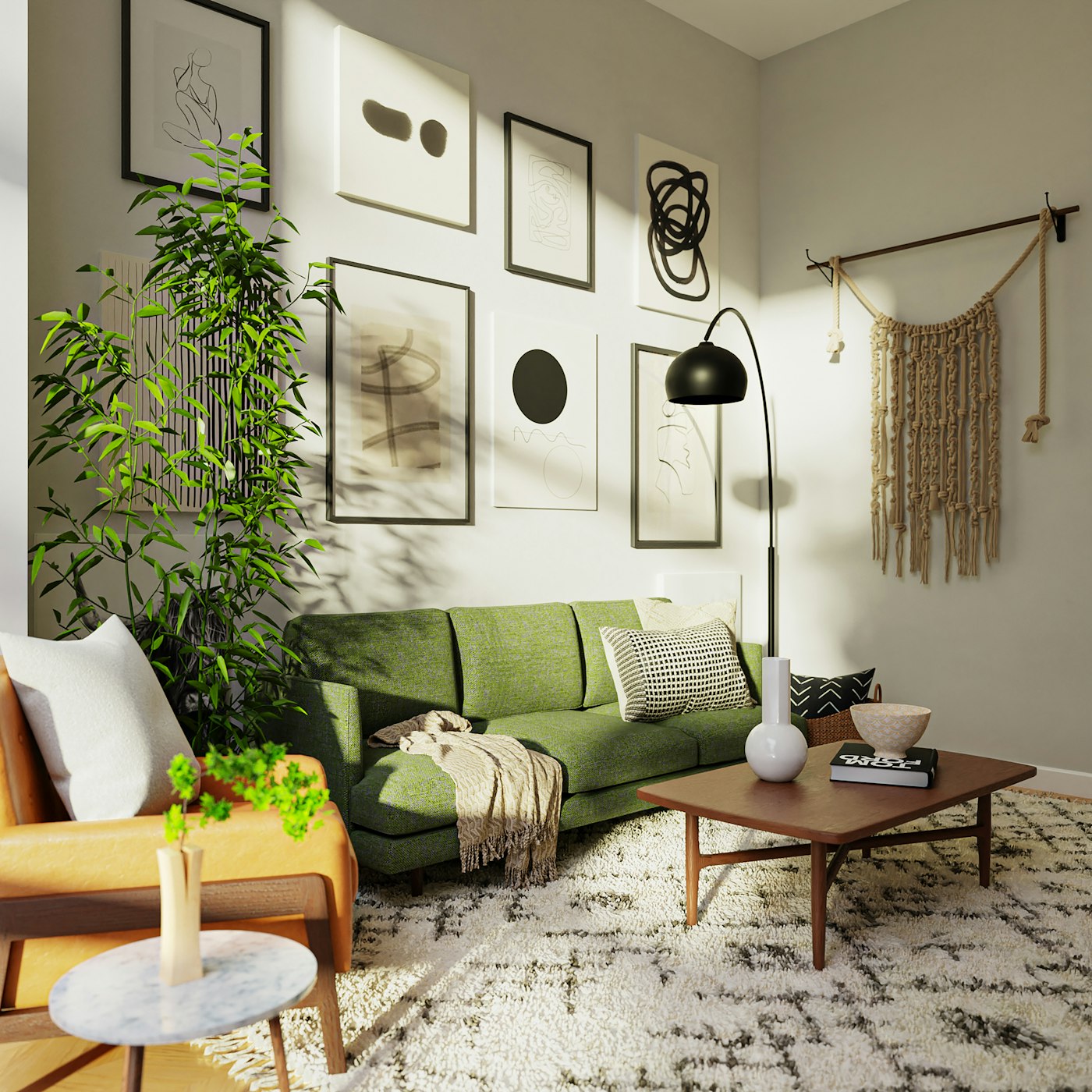 Salon Argile avec canapé vert, mur de cadres et lampadaire