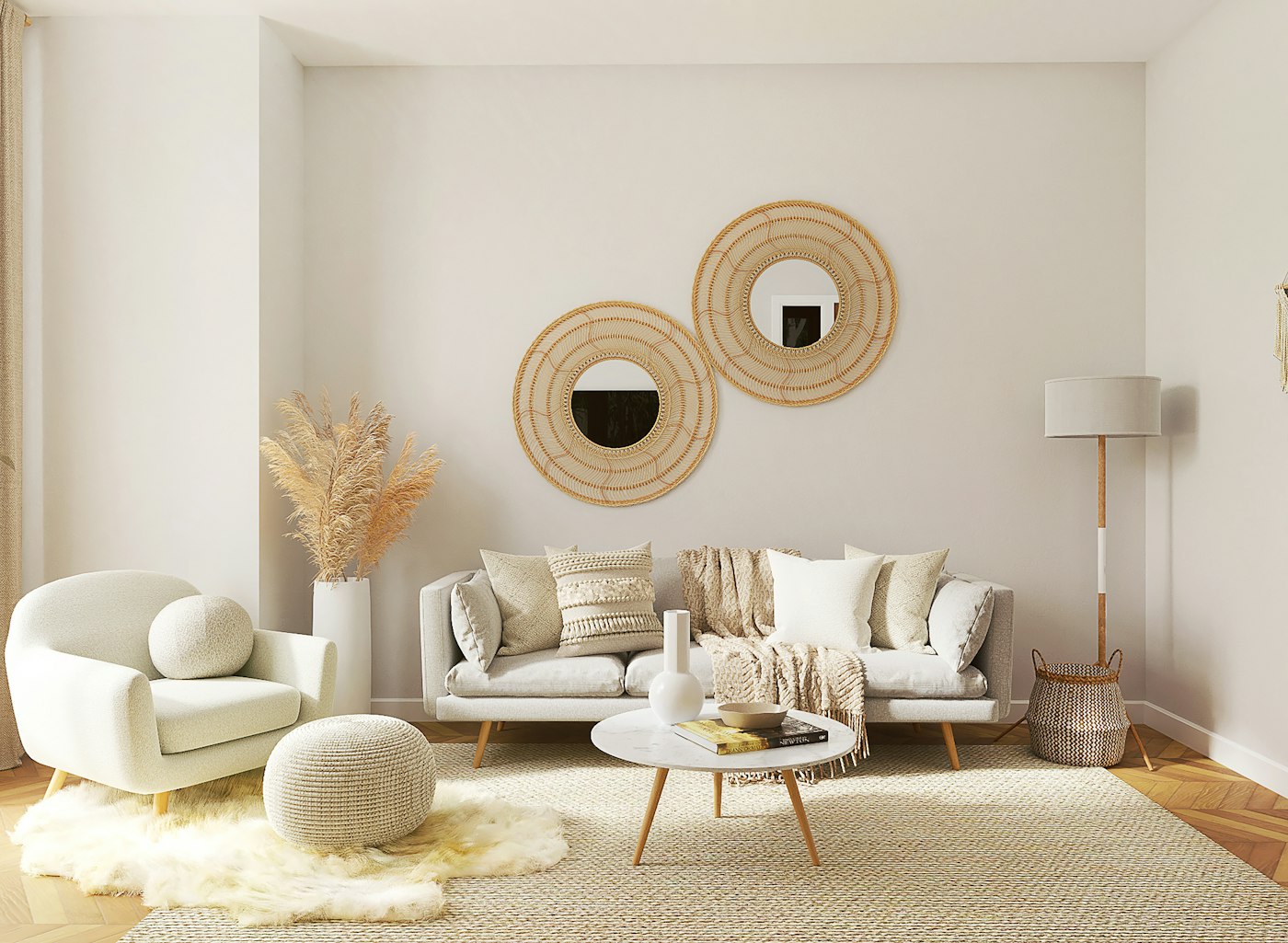 Salon Argile avec fauteuil, canapé, table basse, lampadaire et miroirs